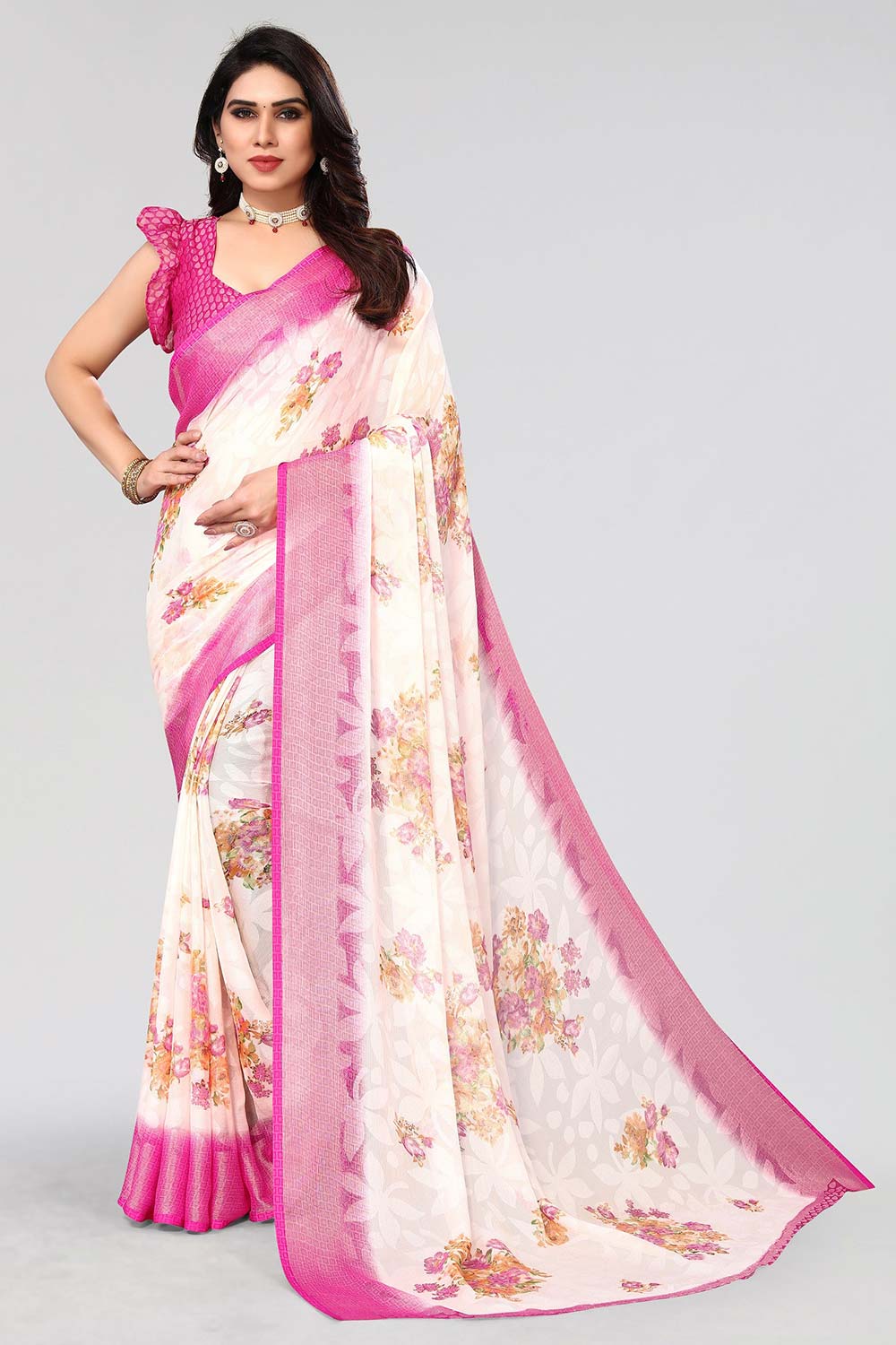 Pink Chiffon printed Saree