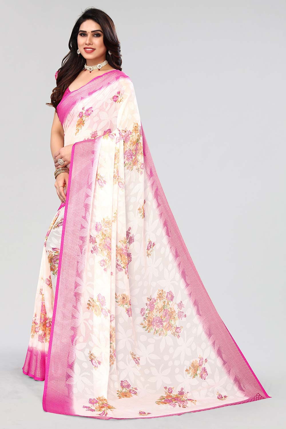 Pink Chiffon printed Saree