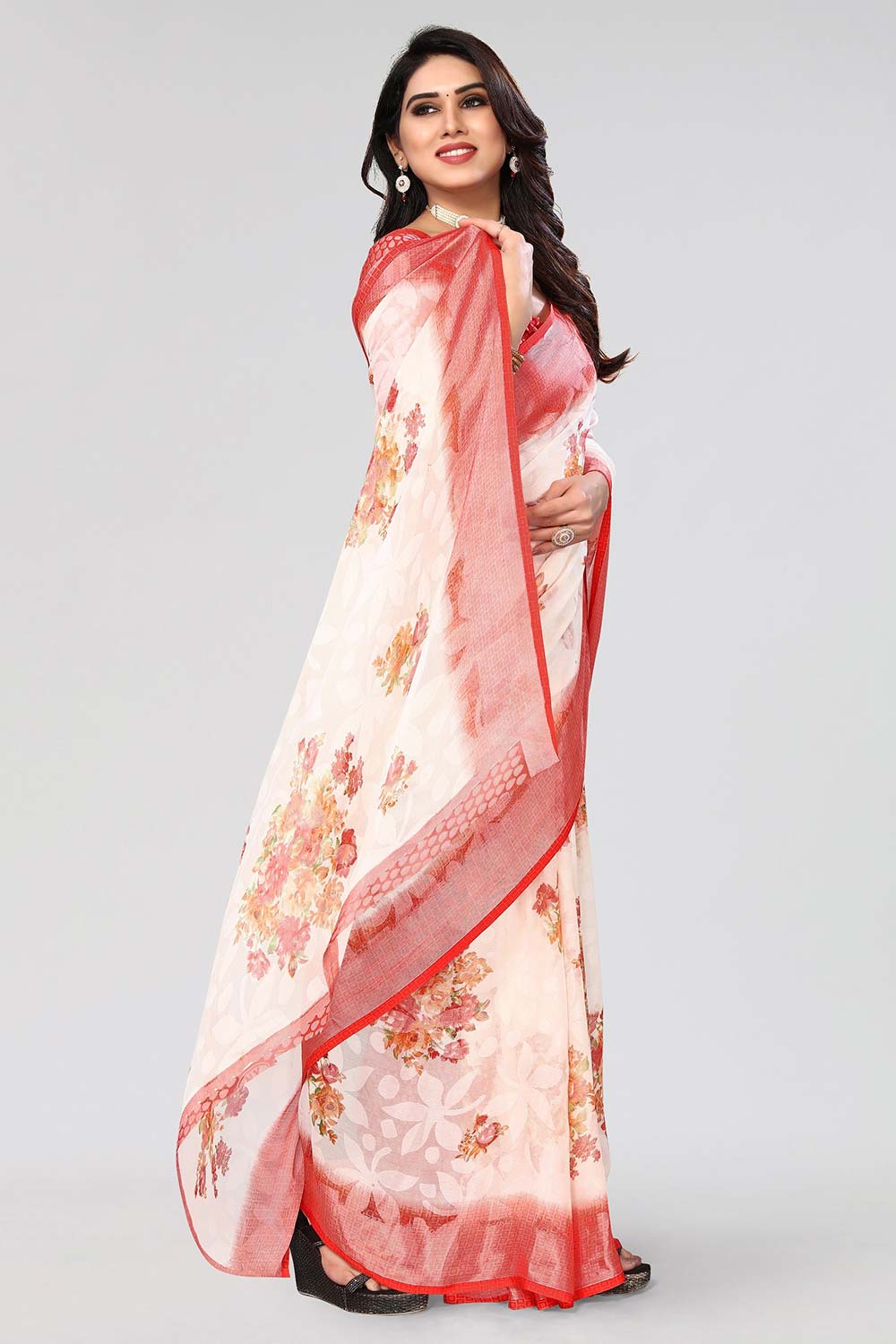 Red Chiffon printed Saree