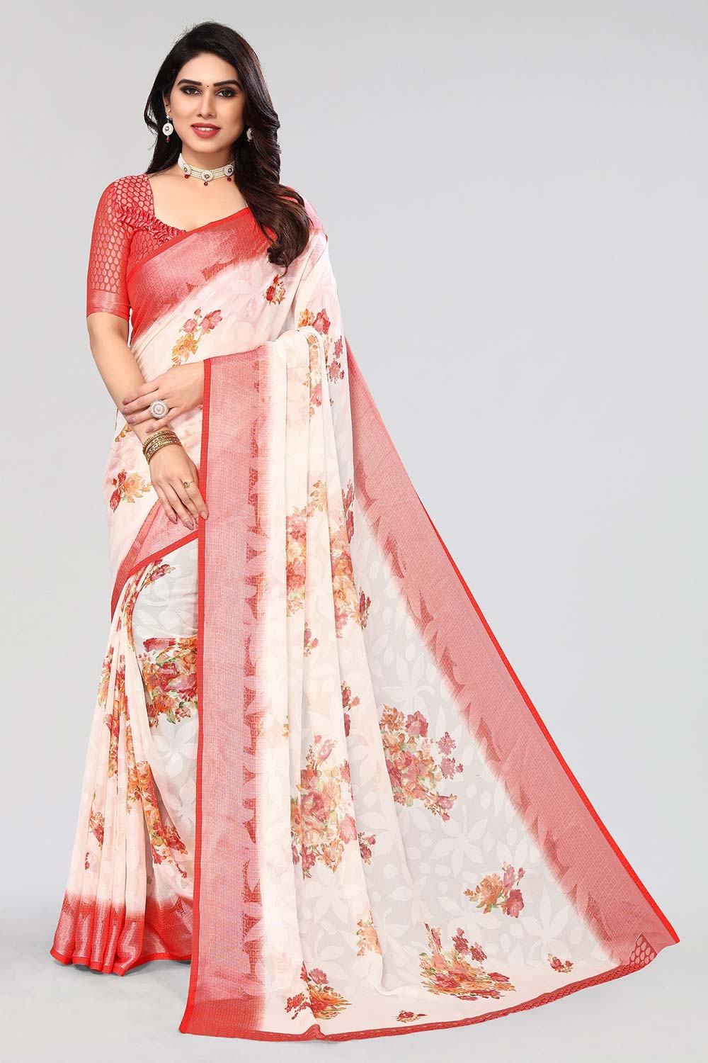 Red Chiffon printed Saree