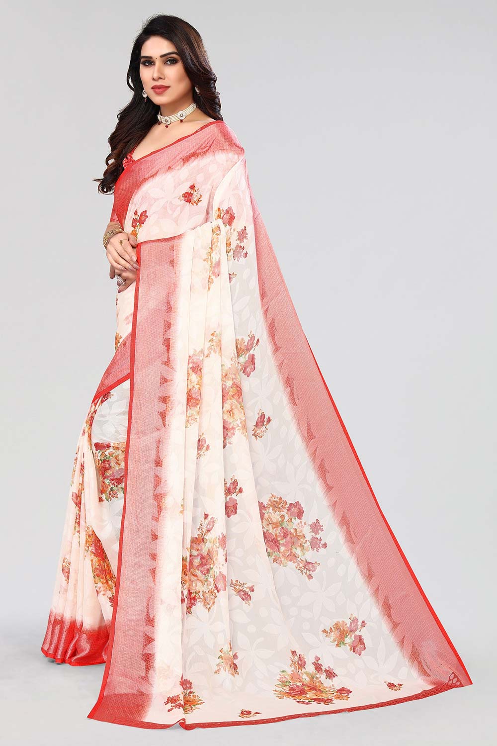 Red Chiffon printed Saree