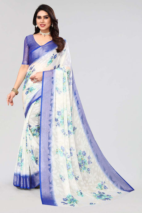 Blue Chiffon printed Saree