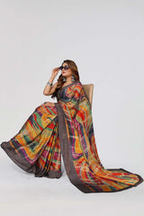 Black Chiffon printed Saree