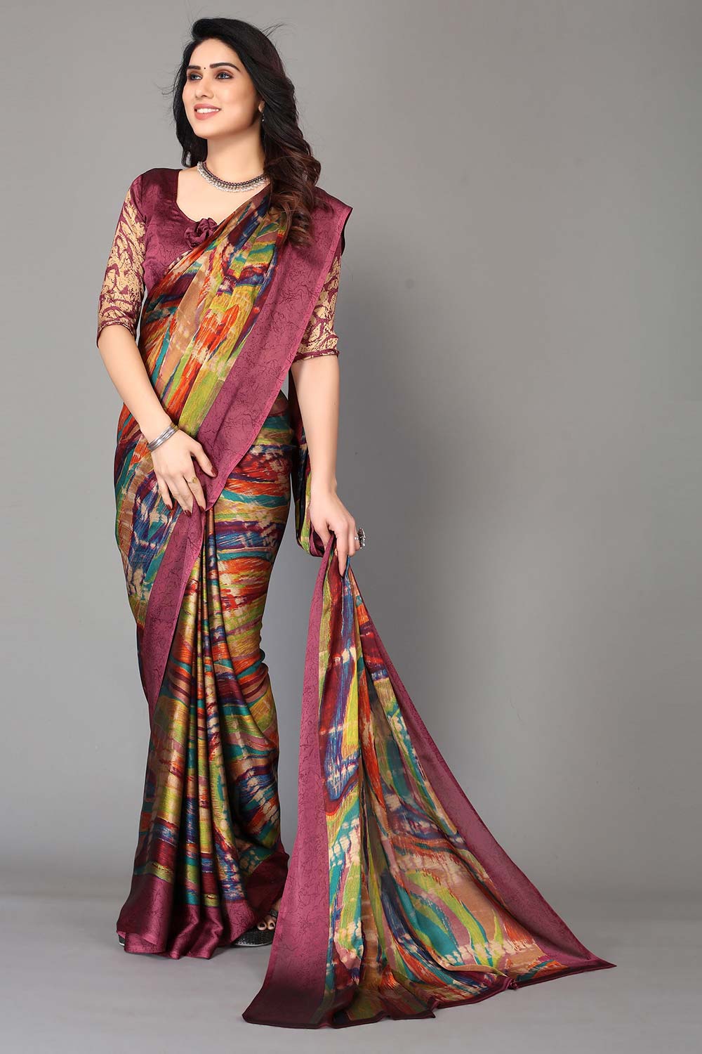 Magenta Chiffon printed Saree