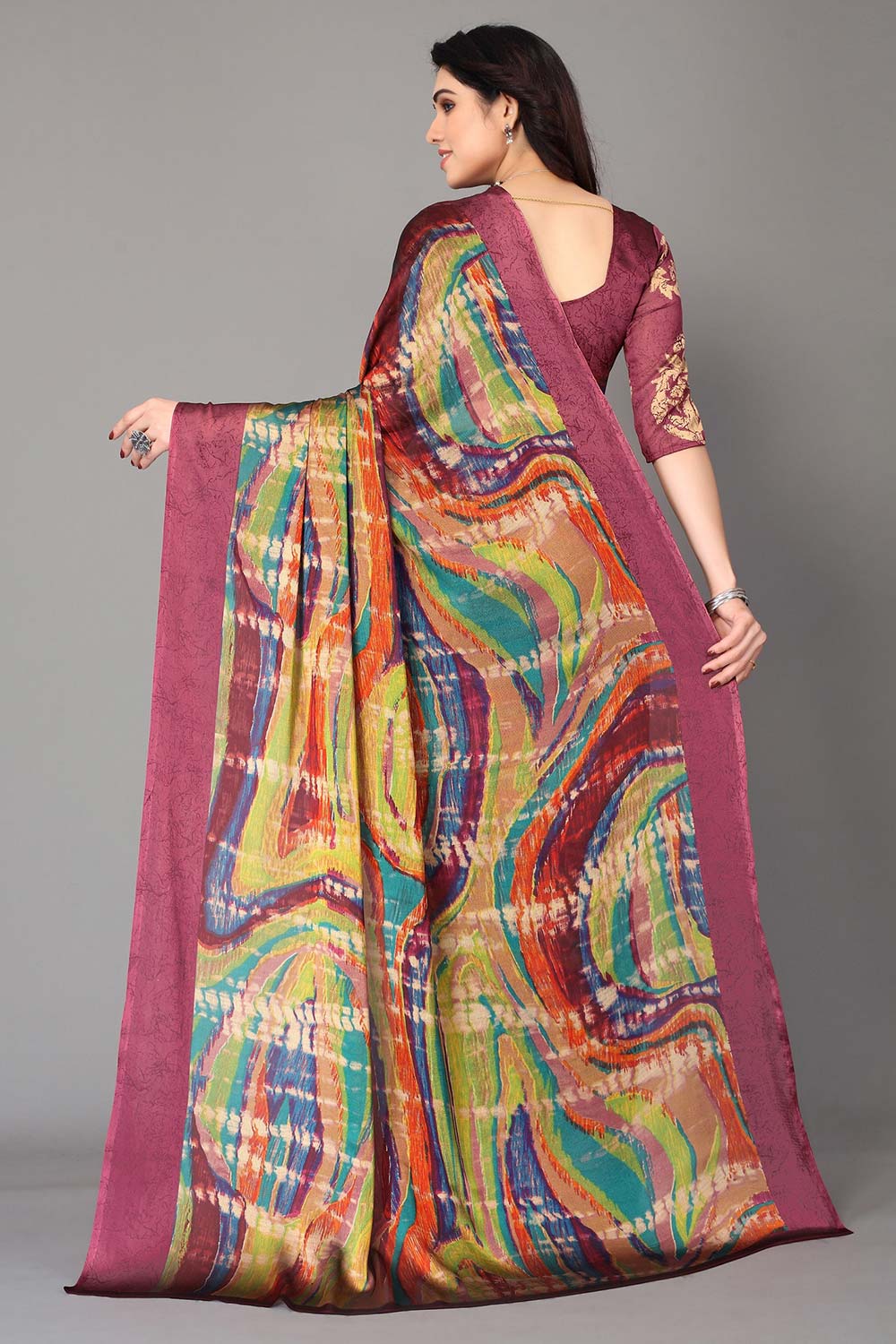 Magenta Chiffon printed Saree