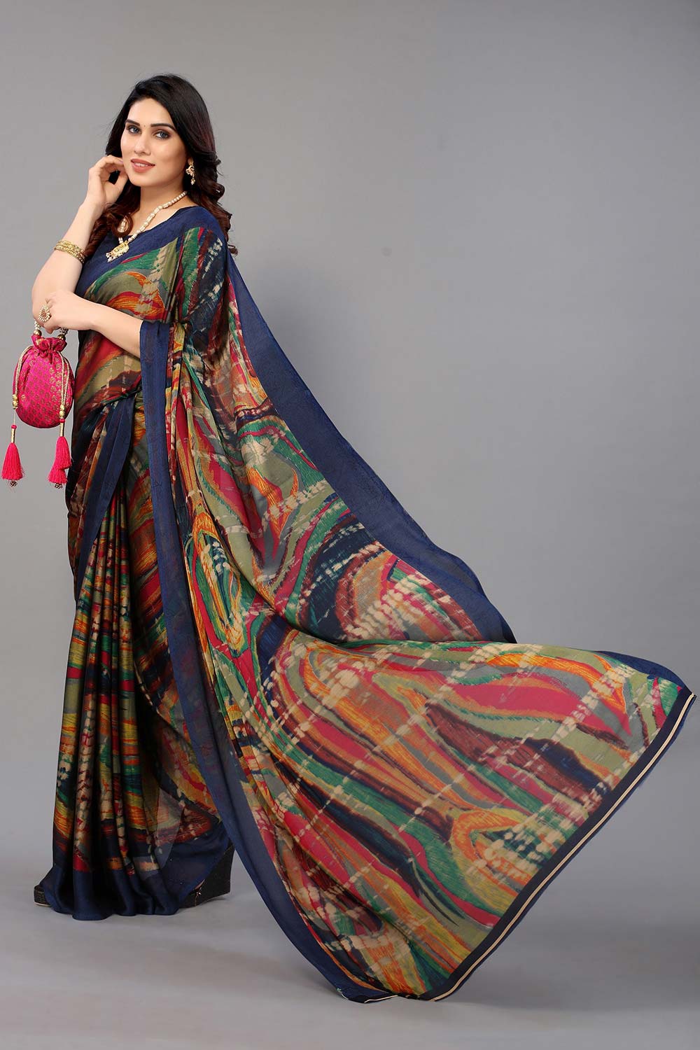 Blue Chiffon printed Saree