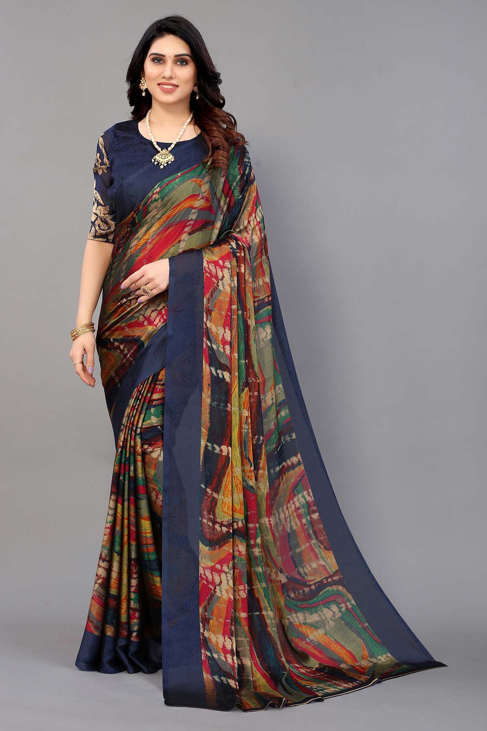 Blue Chiffon printed Saree