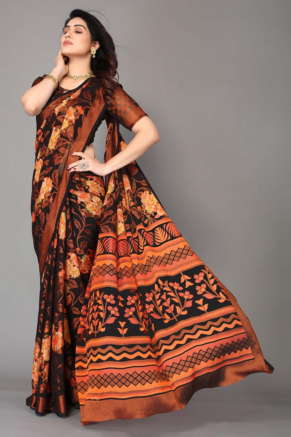 Black Chiffon printed Saree