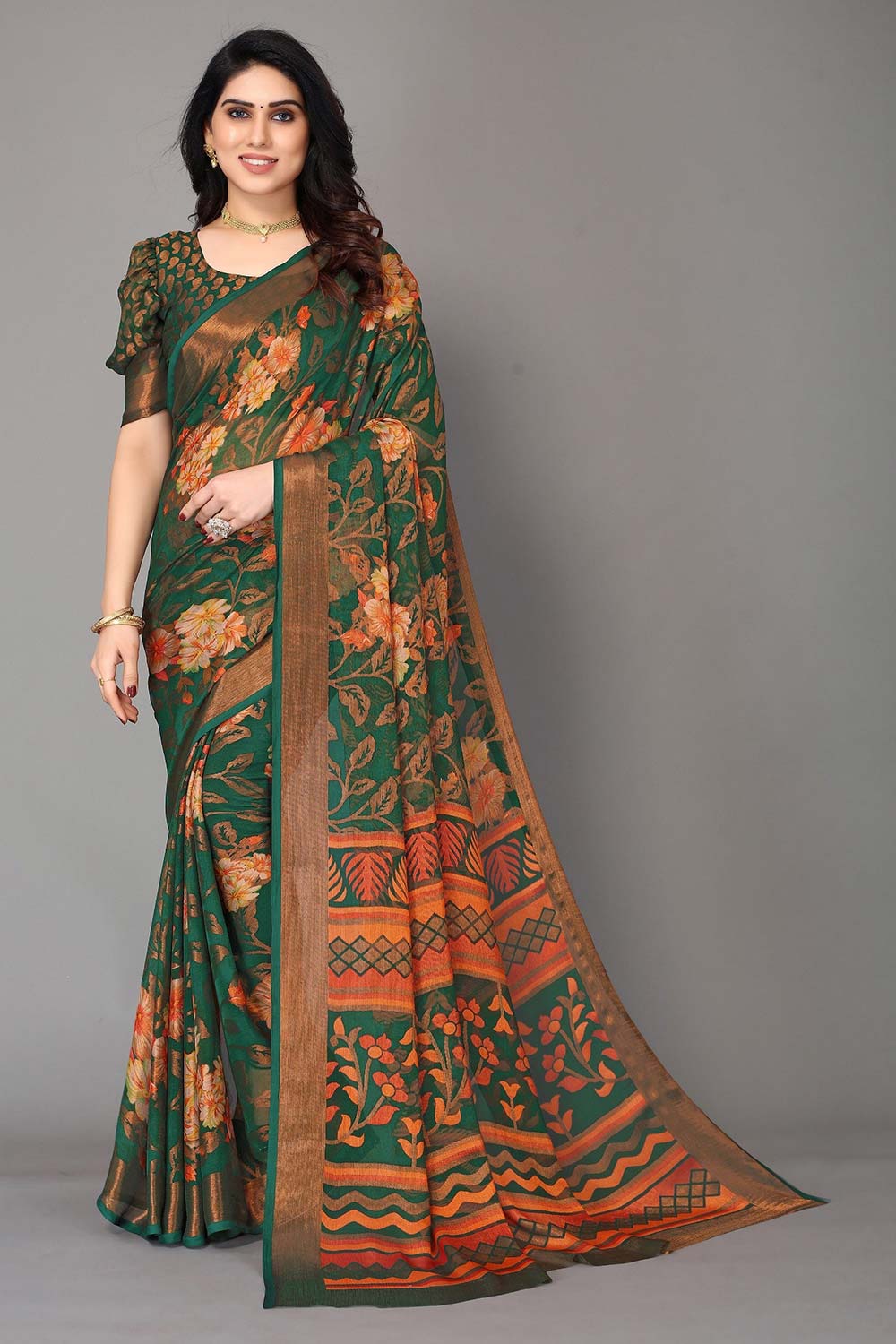 Green Chiffon printed Saree