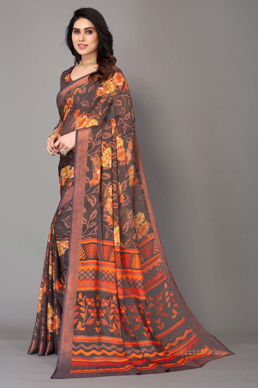 Grey Chiffon printed Saree