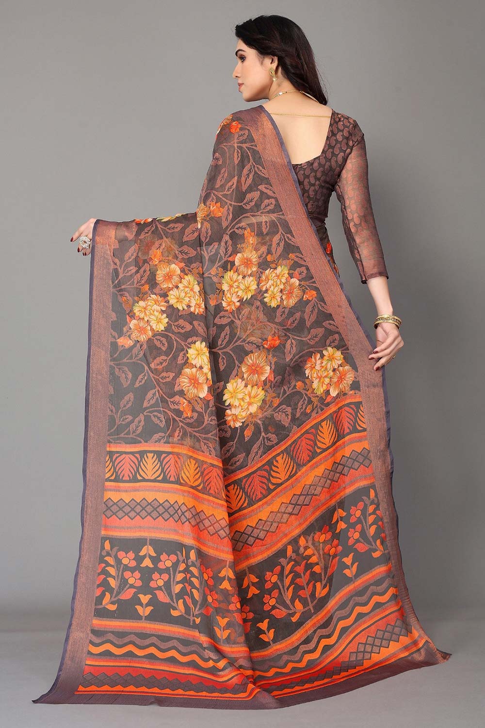 Grey Chiffon printed Saree