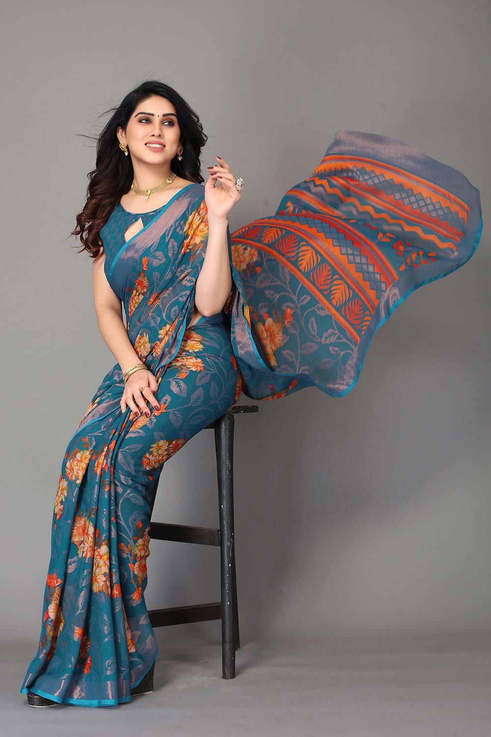 Green Chiffon printed Saree