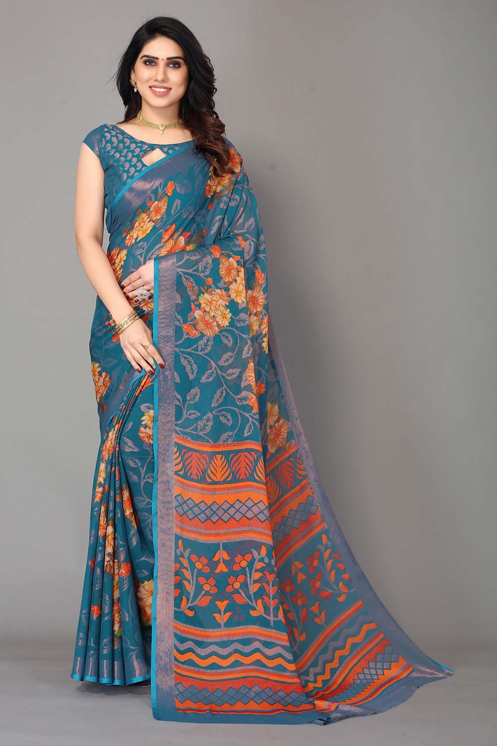 Green Chiffon printed Saree