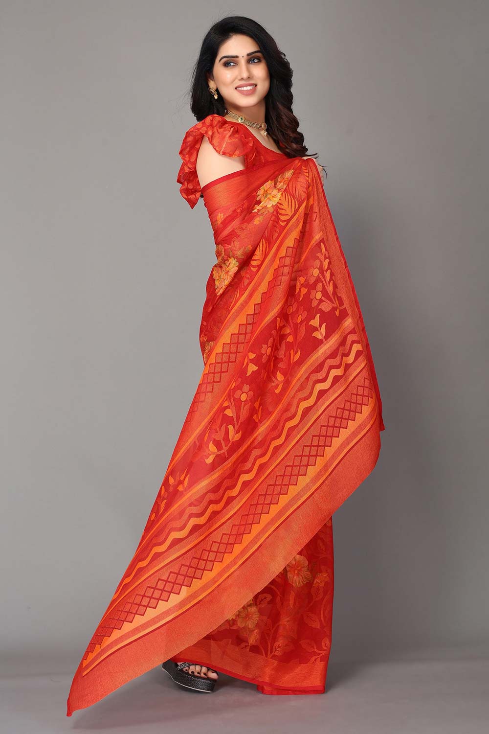 Red Chiffon printed Saree