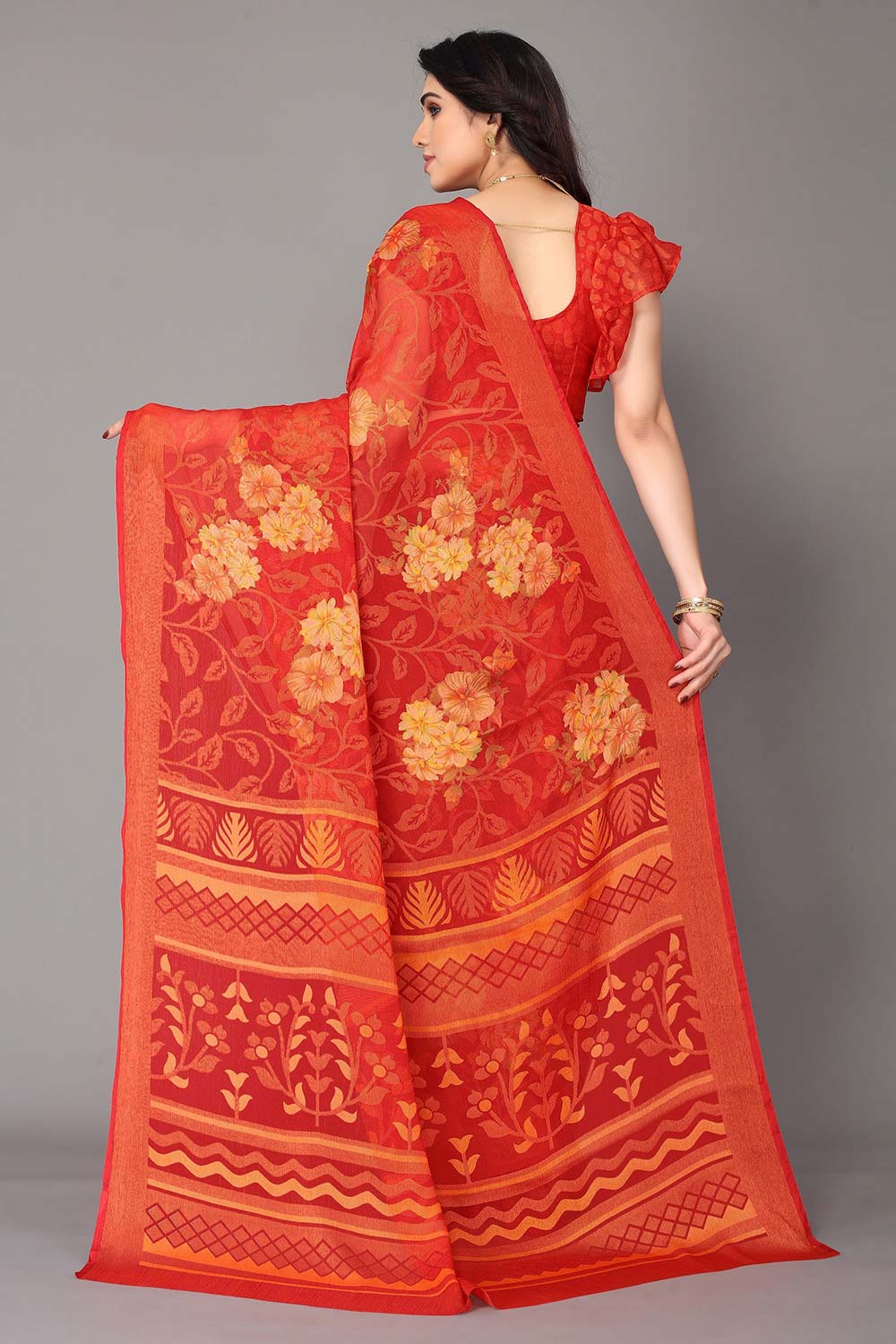 Red Chiffon printed Saree