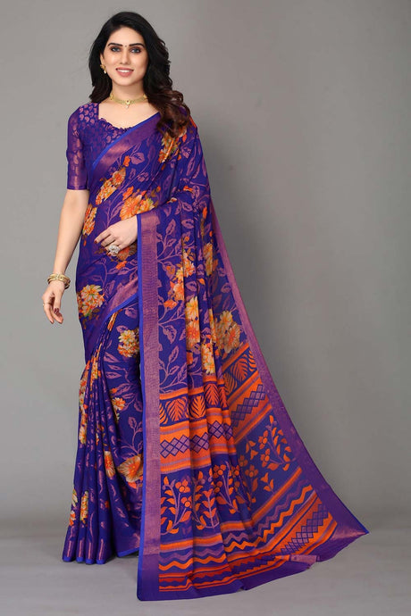 Blue Chiffon printed Saree