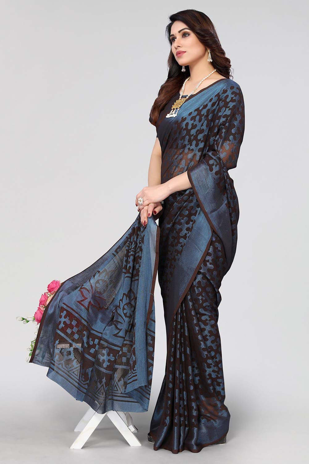 Black Chiffon printed Saree