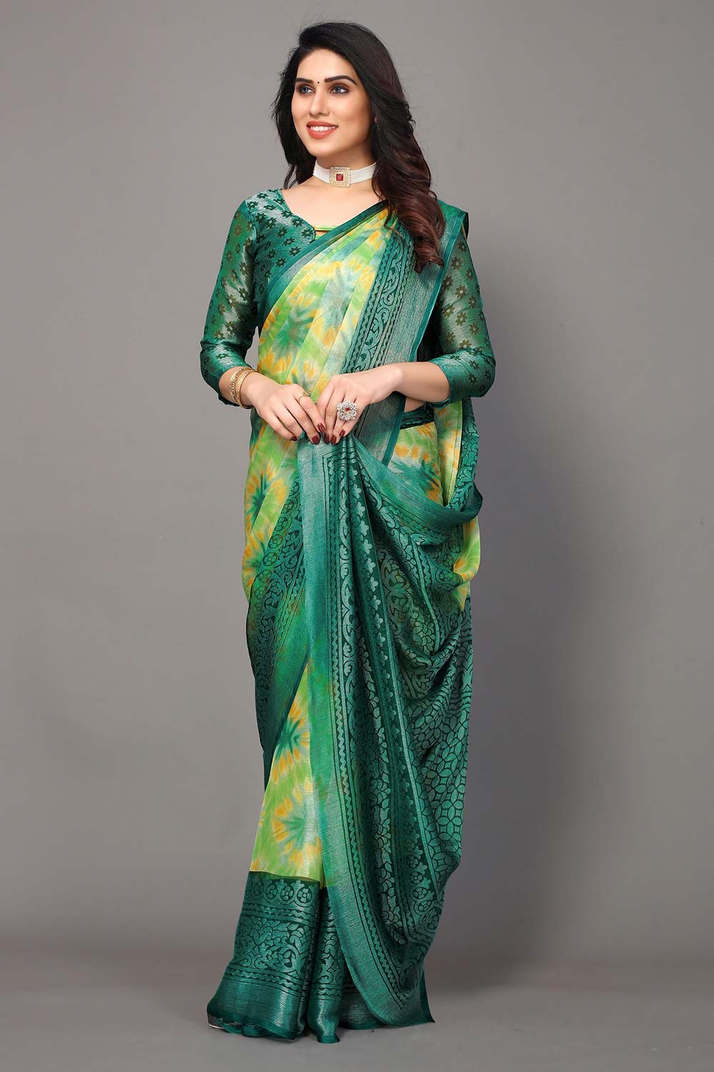 Green Chiffon printed Saree