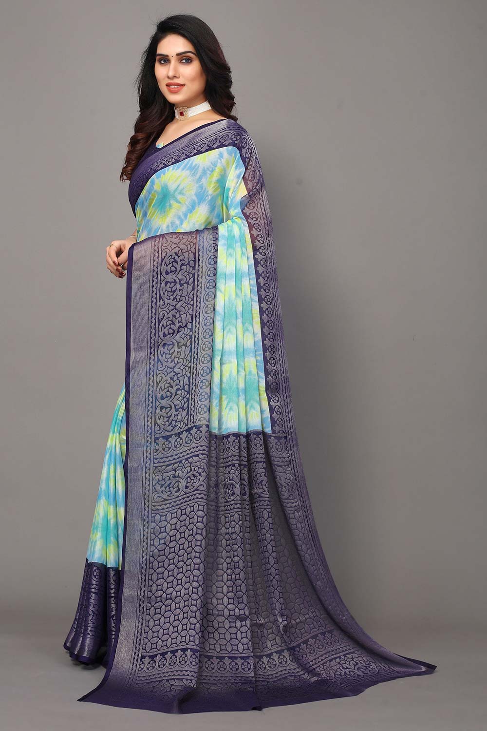 Blue Chiffon printed Saree