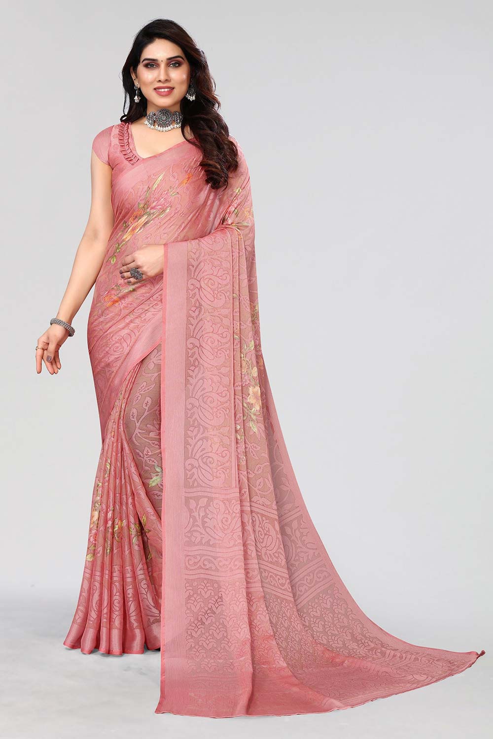 Pink Chiffon printed Saree