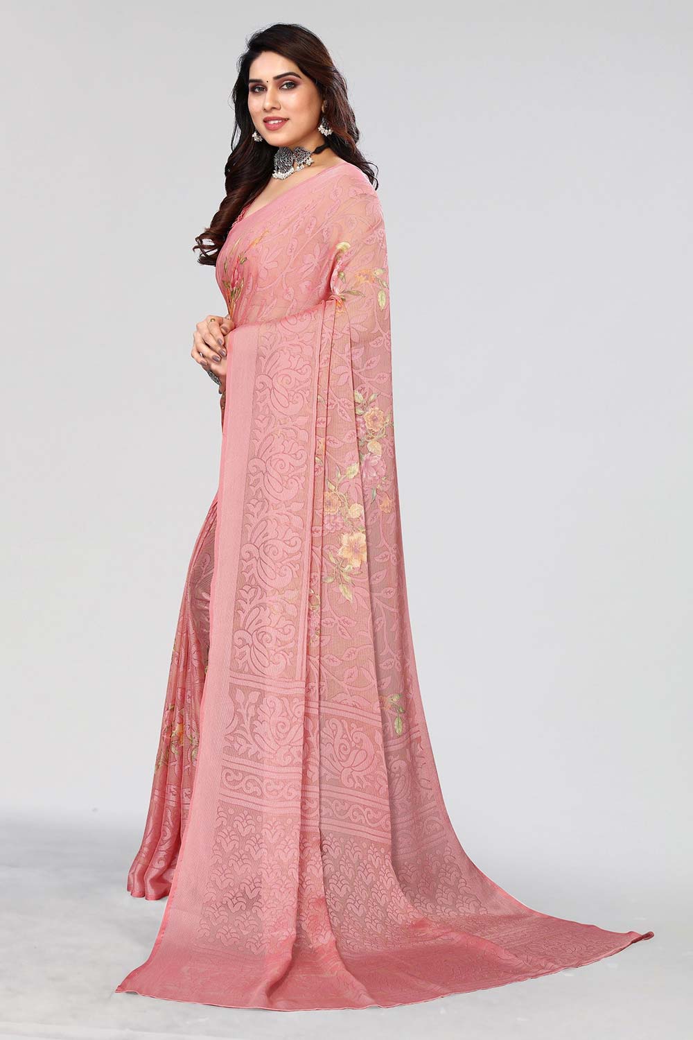 Pink Chiffon printed Saree