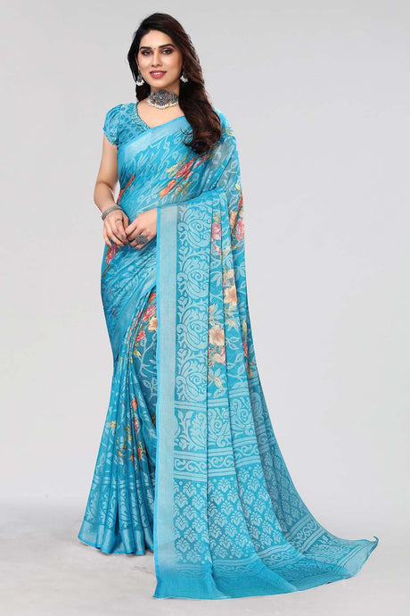 Blue Chiffon printed Saree