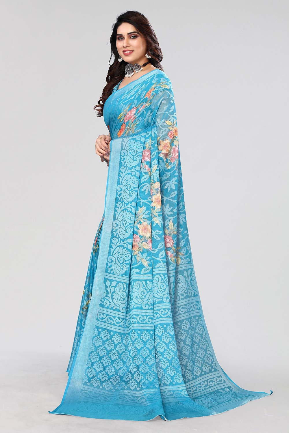 Blue Chiffon printed Saree