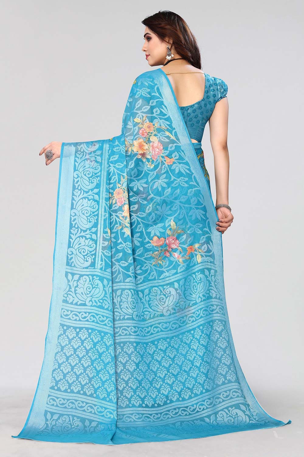 Blue Chiffon printed Saree