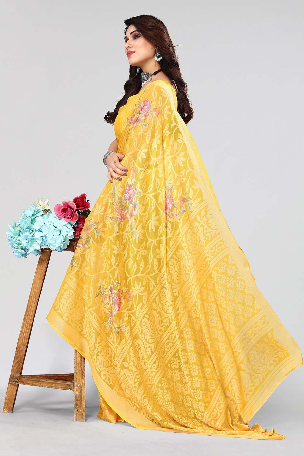 Yellow Chiffon printed Saree