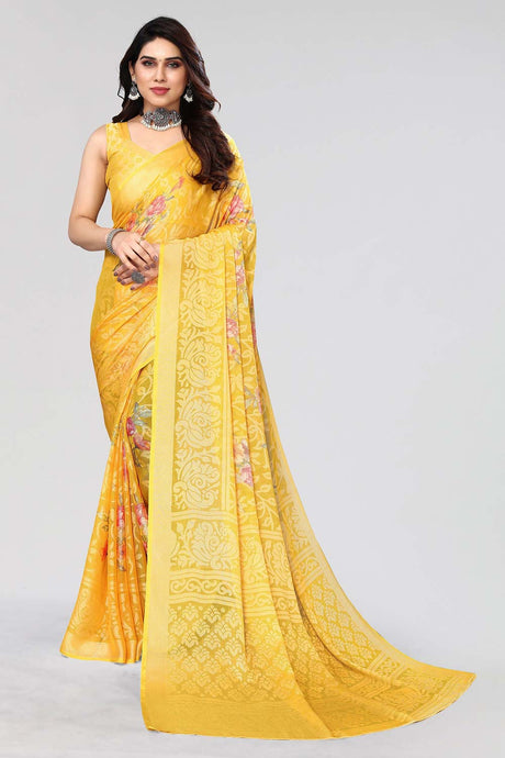 Yellow Chiffon printed Saree