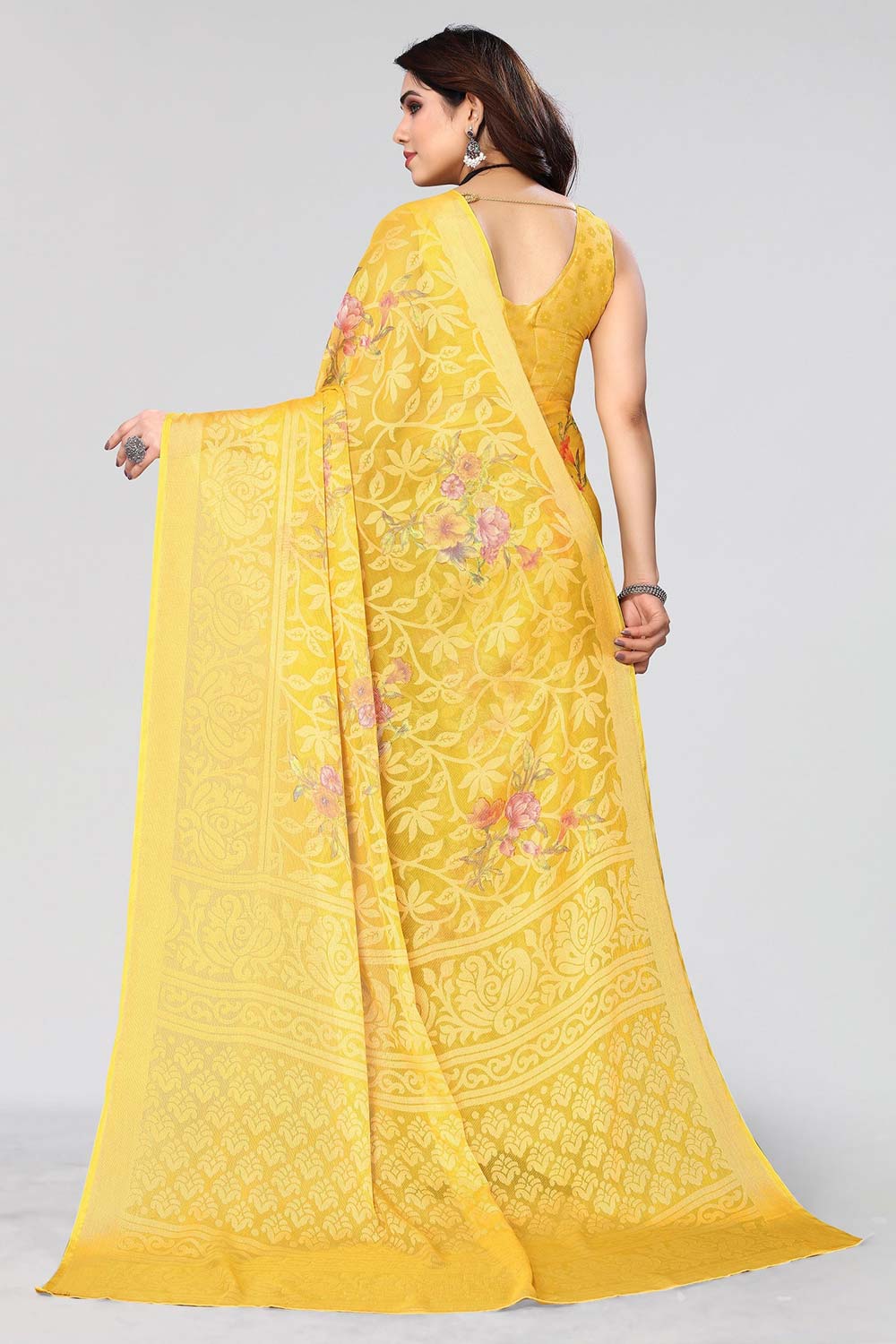 Yellow Chiffon printed Saree