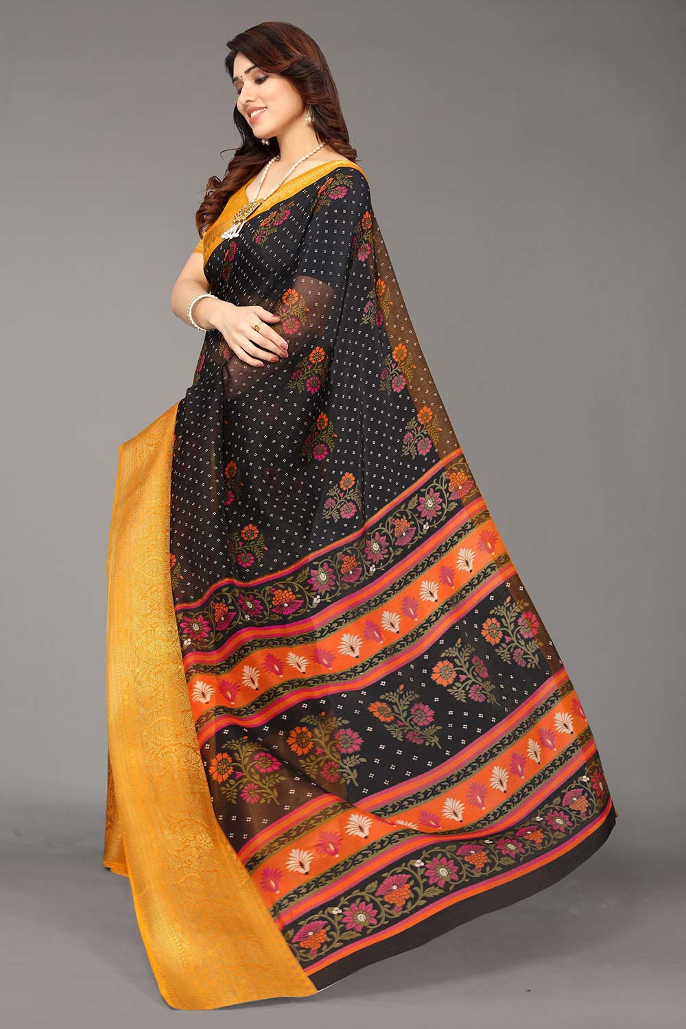 Black Silk Blend Woven Saree