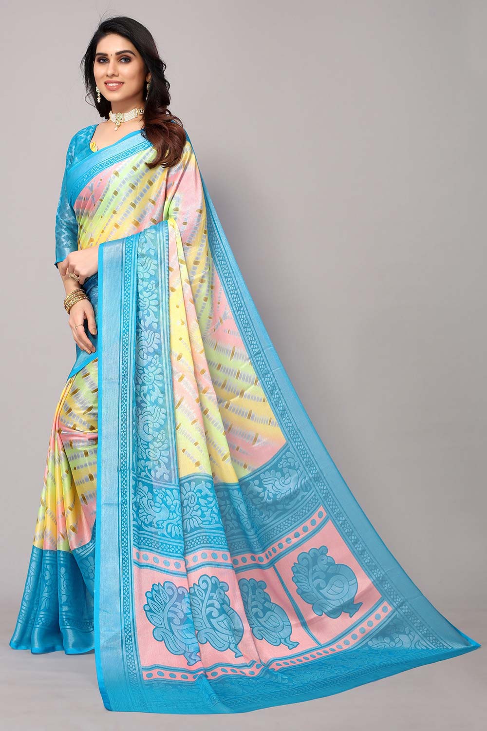 Blue Chiffon printed Saree