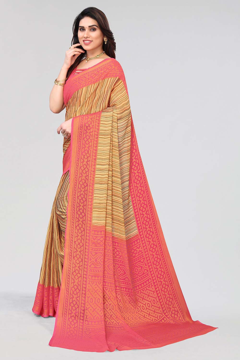 red Chiffon printed Saree