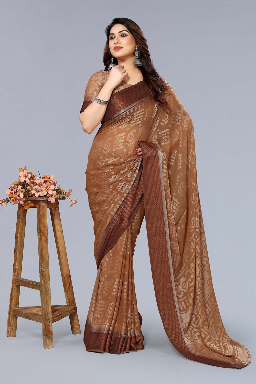 Brown Chiffon printed Saree