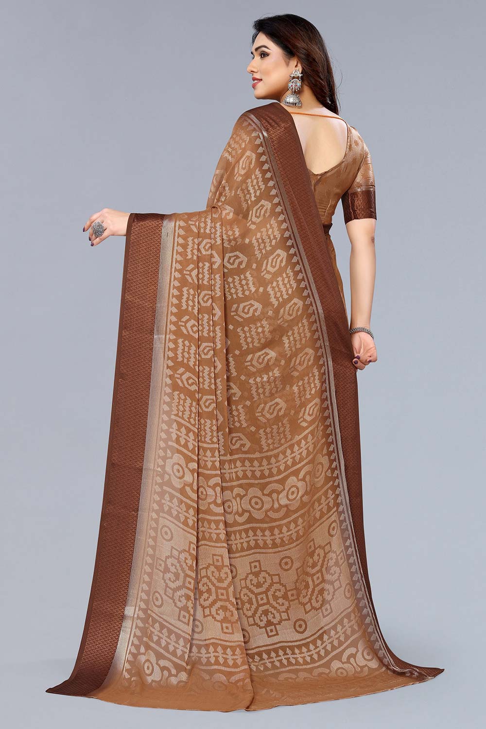 Brown Chiffon printed Saree