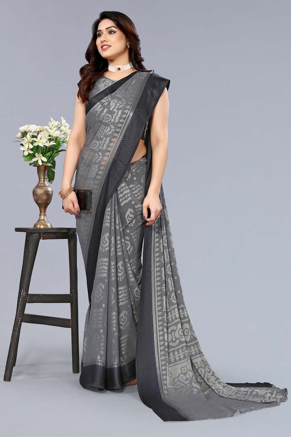 Grey Chiffon printed Saree