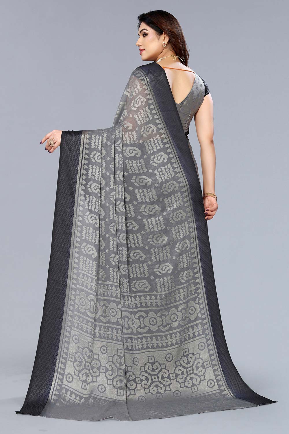 Grey Chiffon printed Saree