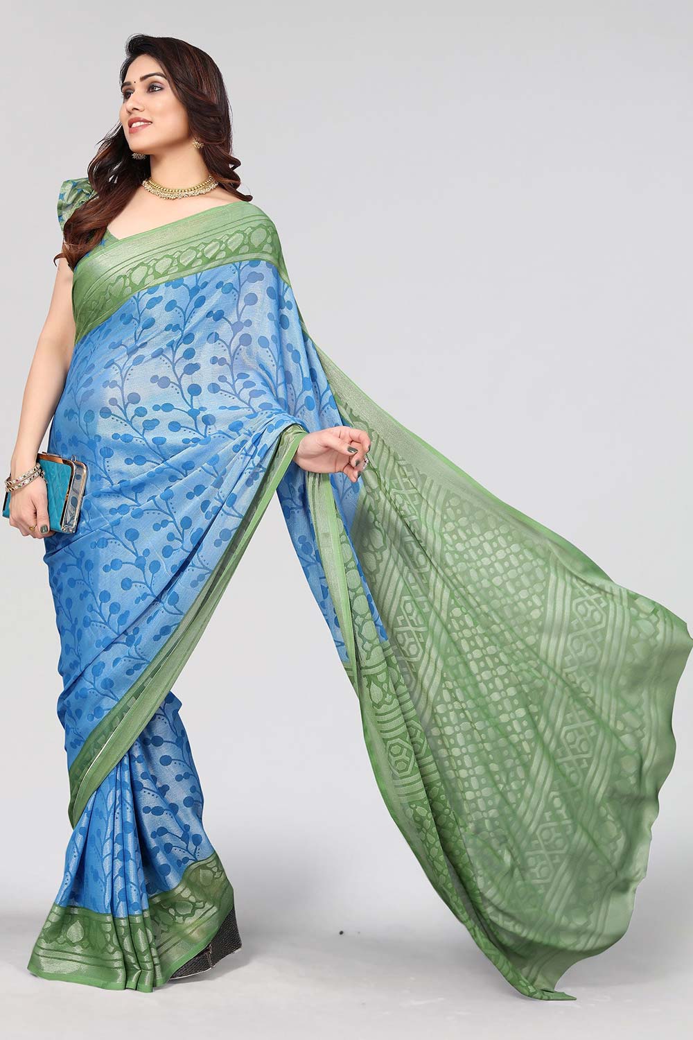 Blue Chiffon printed Saree