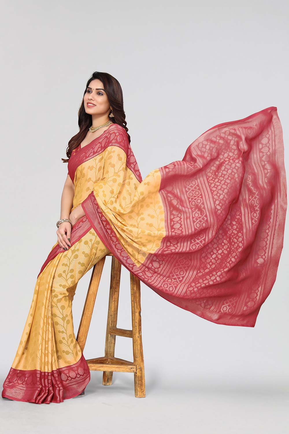 Yellow Chiffon printed Saree