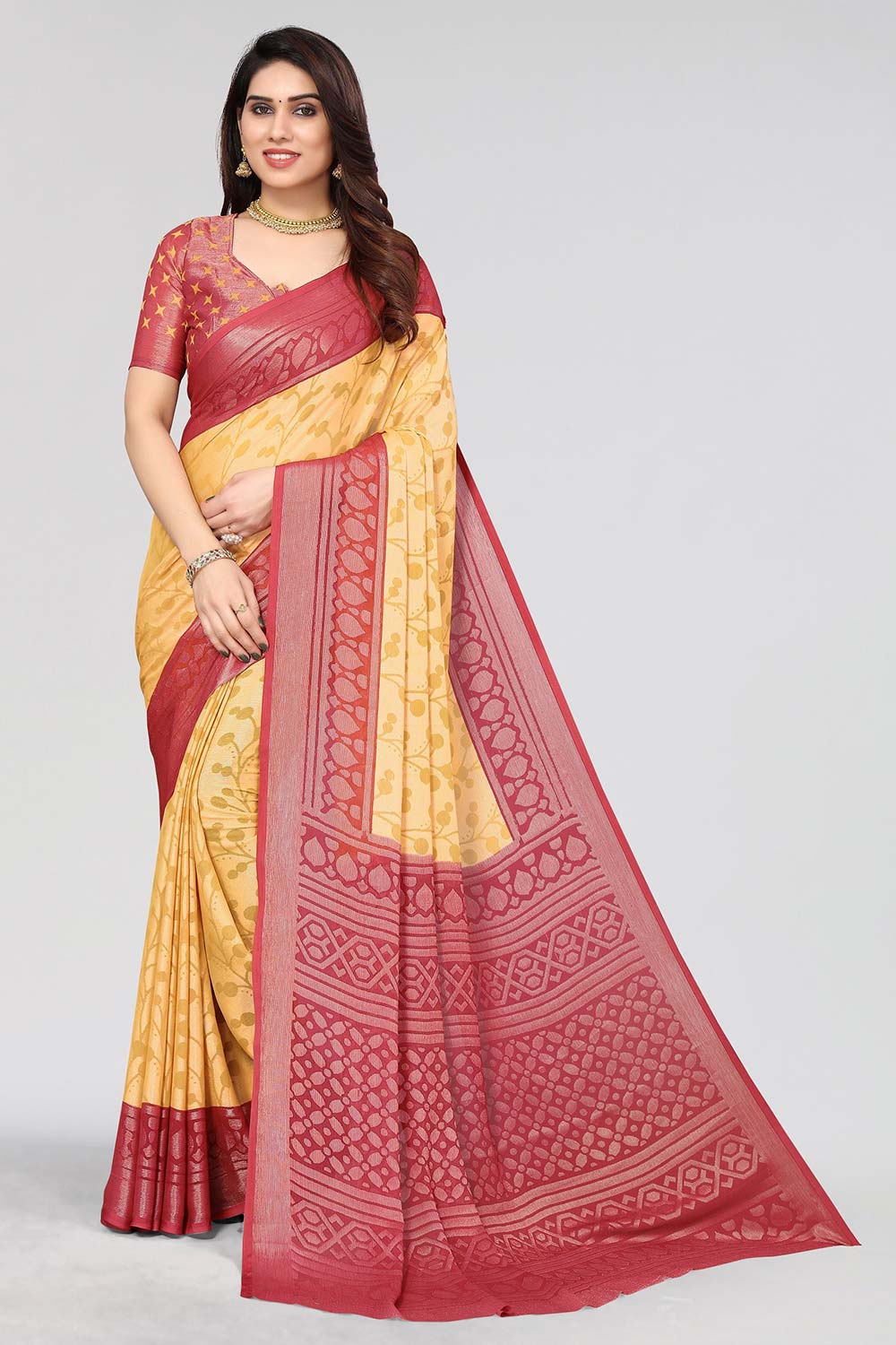 Yellow Chiffon printed Saree