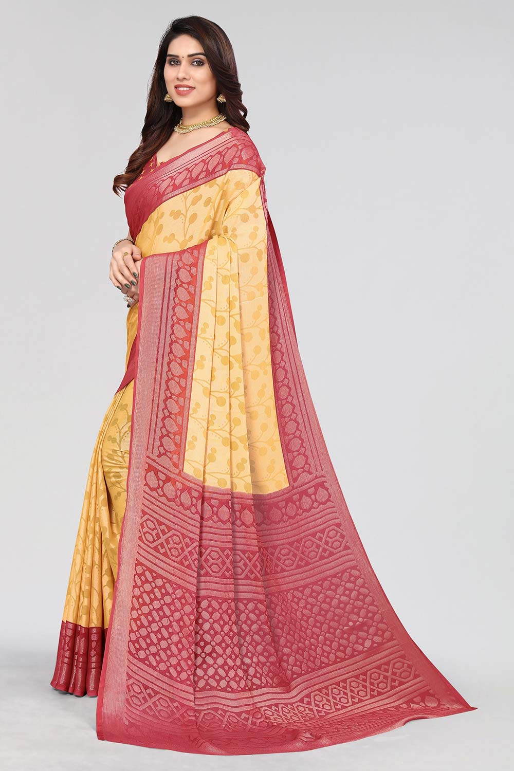 Yellow Chiffon printed Saree