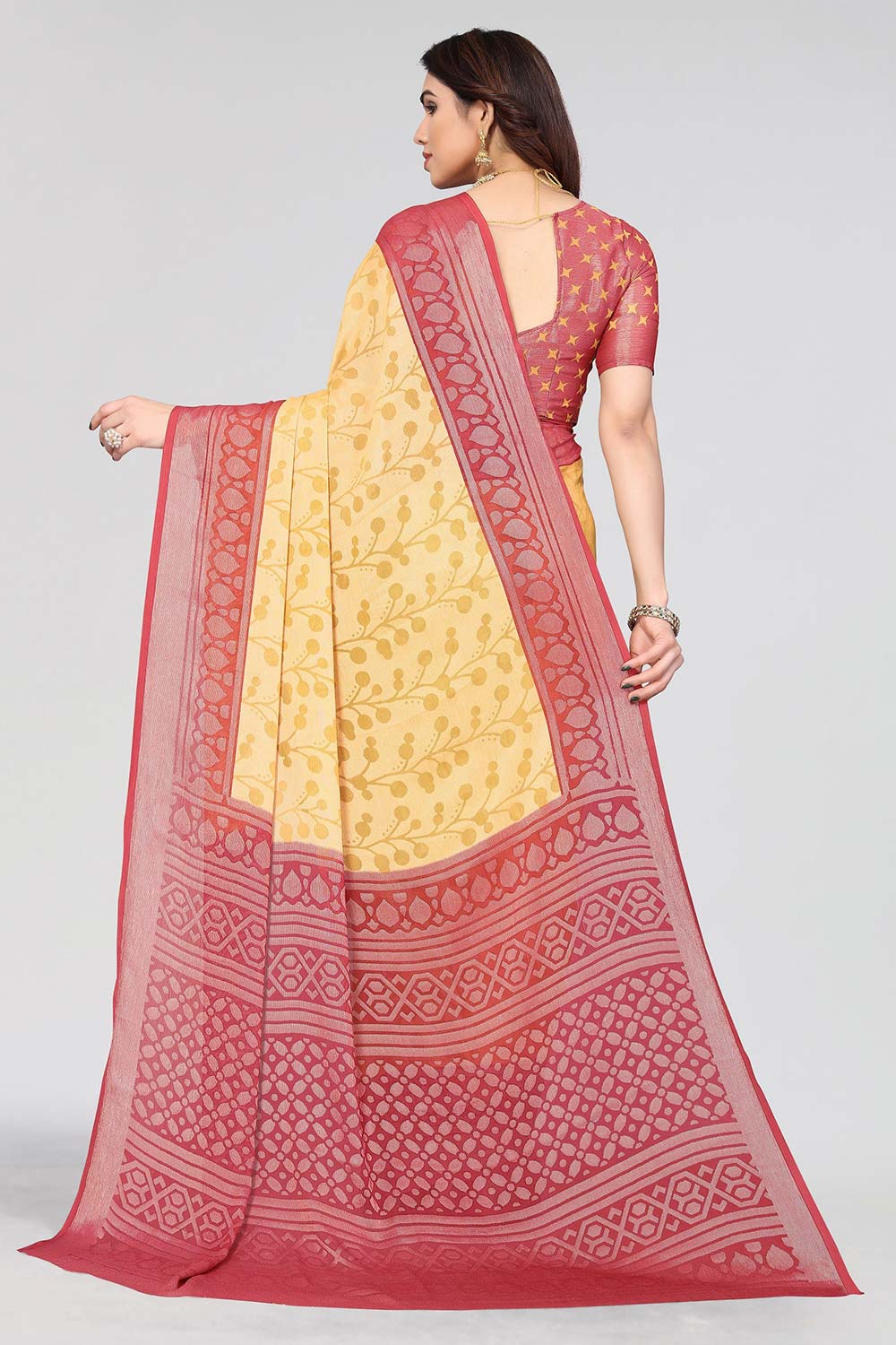 Yellow Chiffon printed Saree