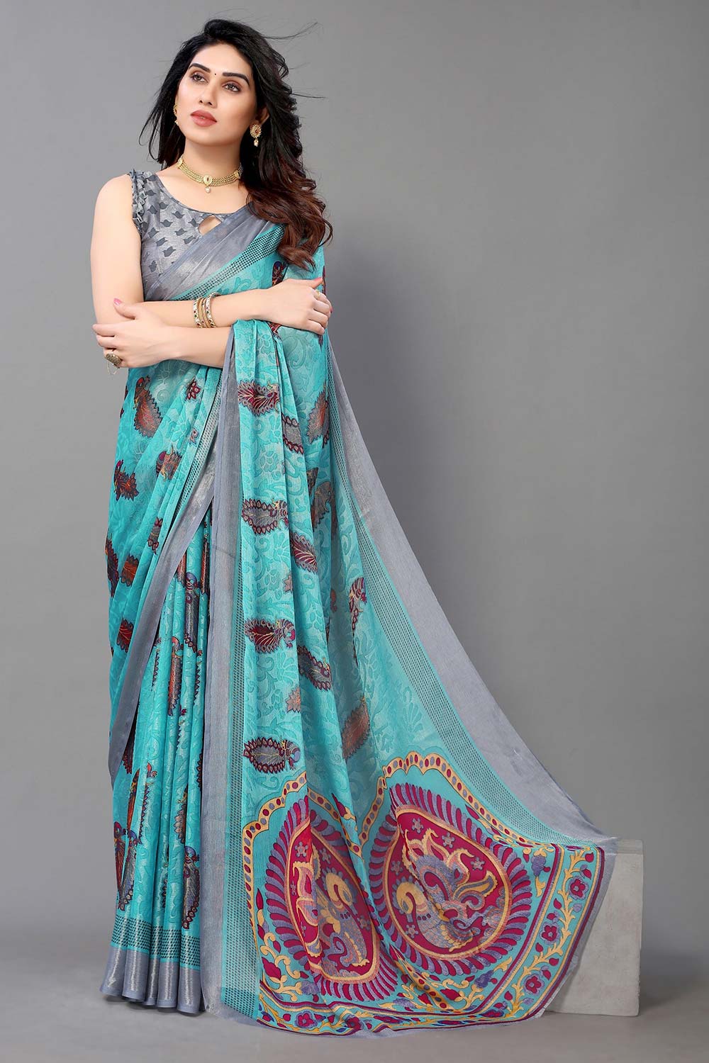 Blue Chiffon printed Saree