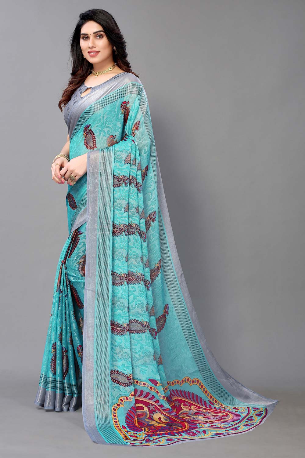 Blue Chiffon printed Saree