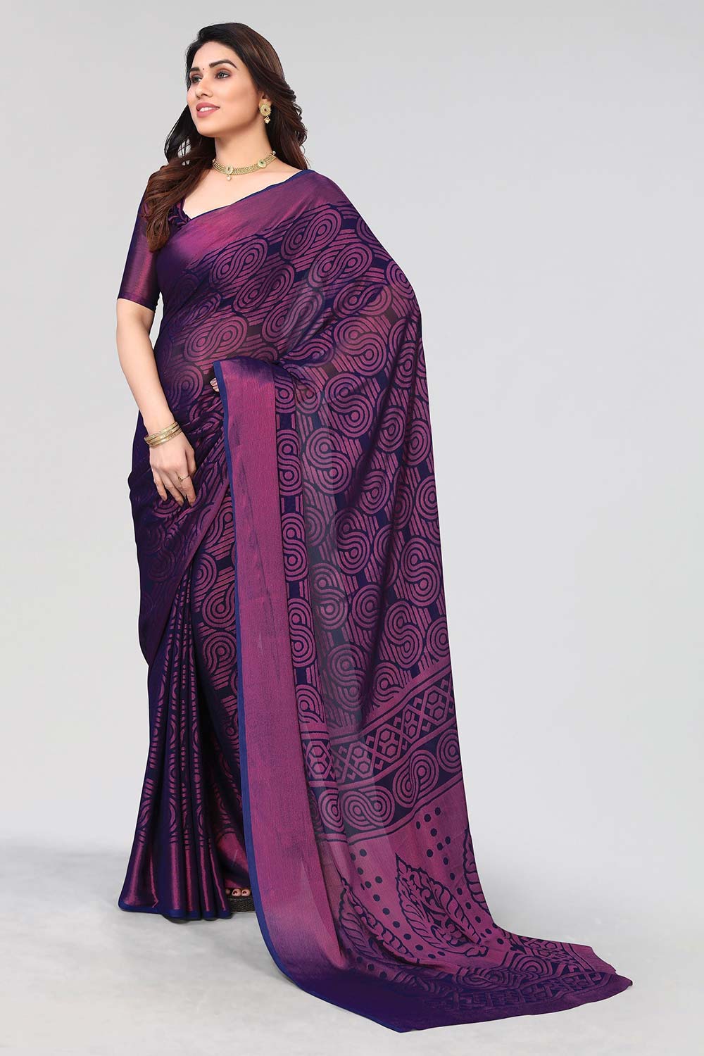 Blue Chiffon printed Saree