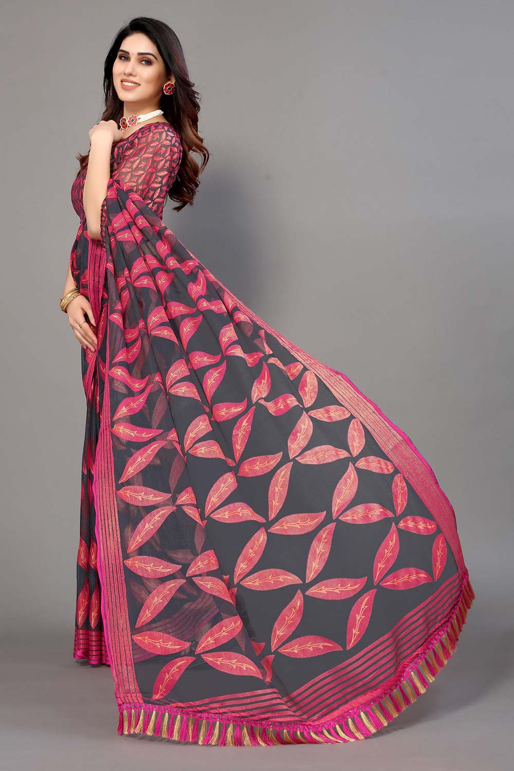 Grey Chiffon printed Saree