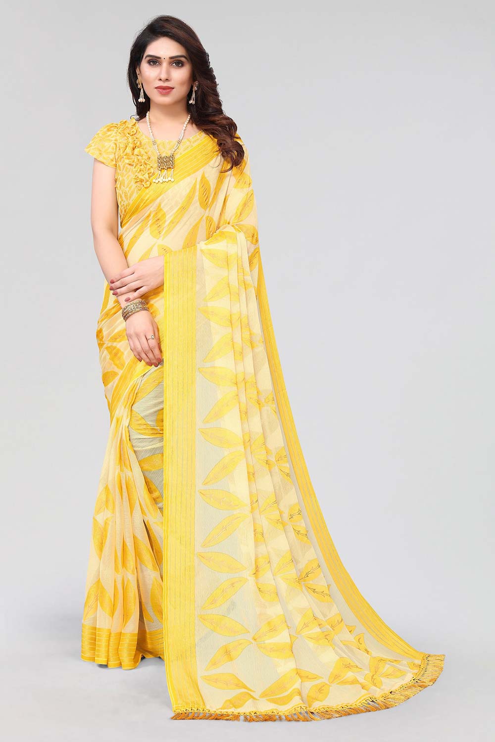 White Chiffon printed Saree