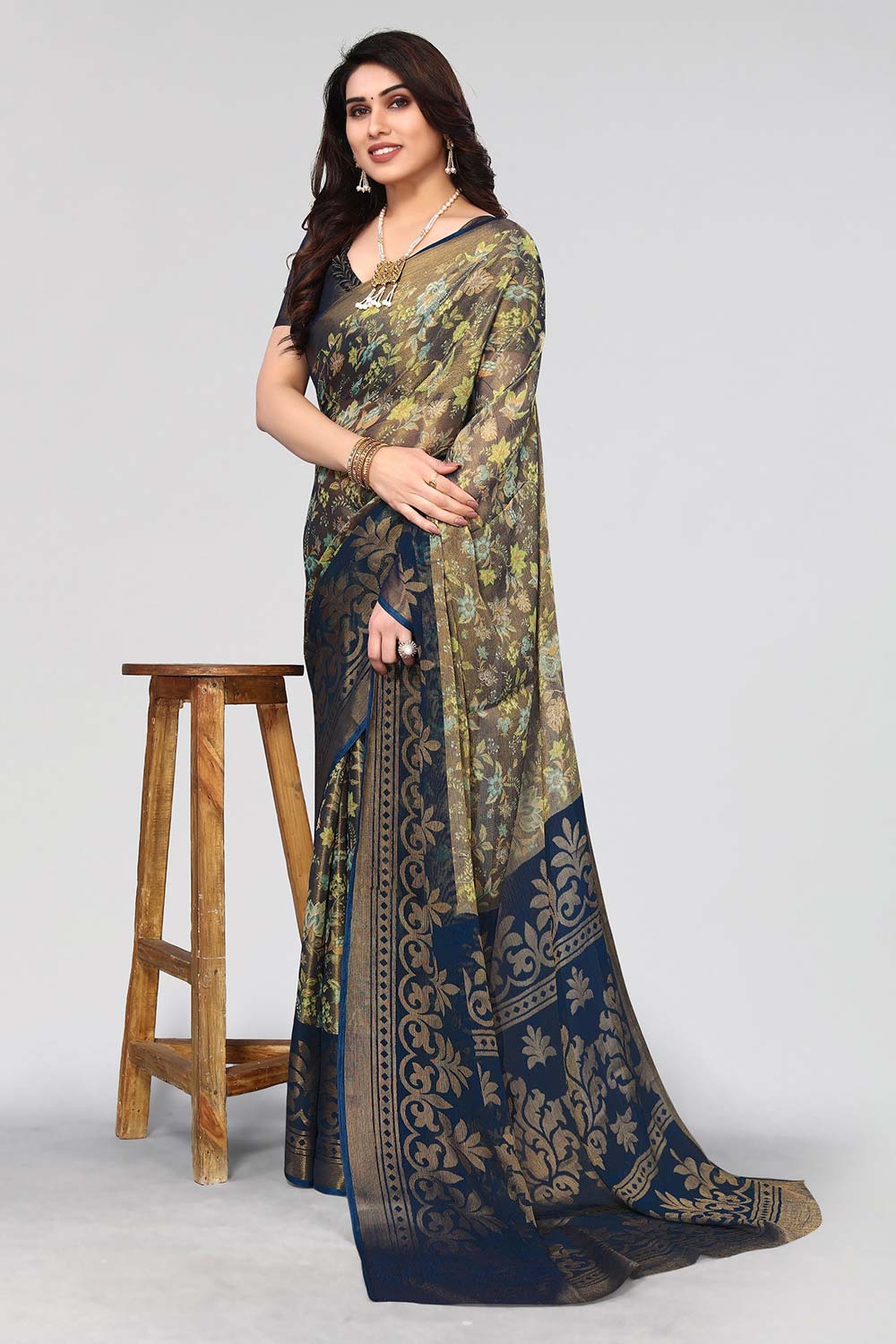 Blue Chiffon printed Saree