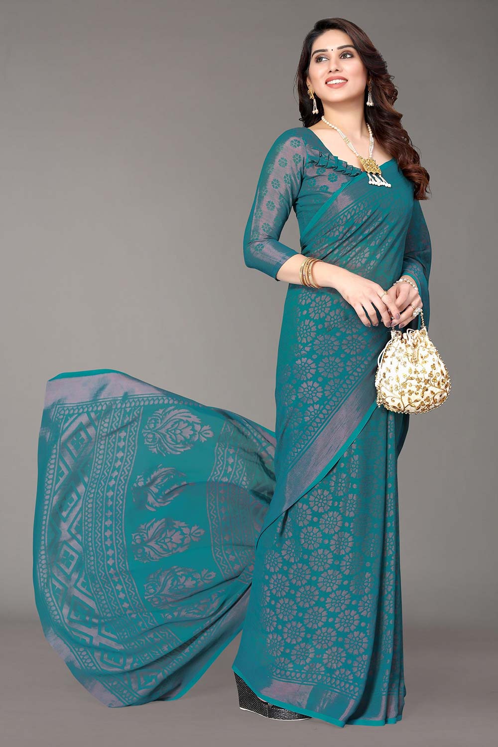 Green Chiffon printed Saree